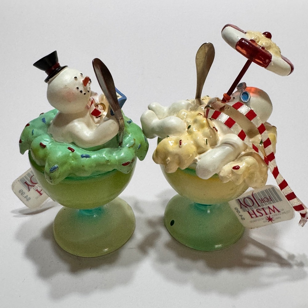 Set 2 Sears Whimsical Snowman beach Book Bath Chill Sundae Christmas Ornaments
